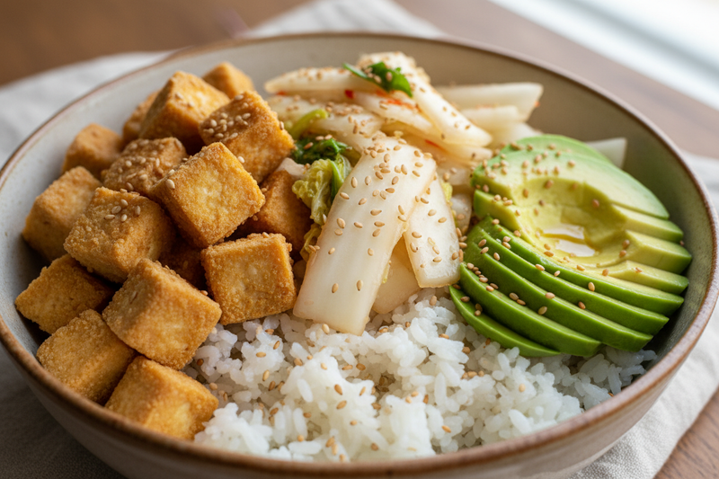 White Kimchi & Crispy Tofu Rice Bowl