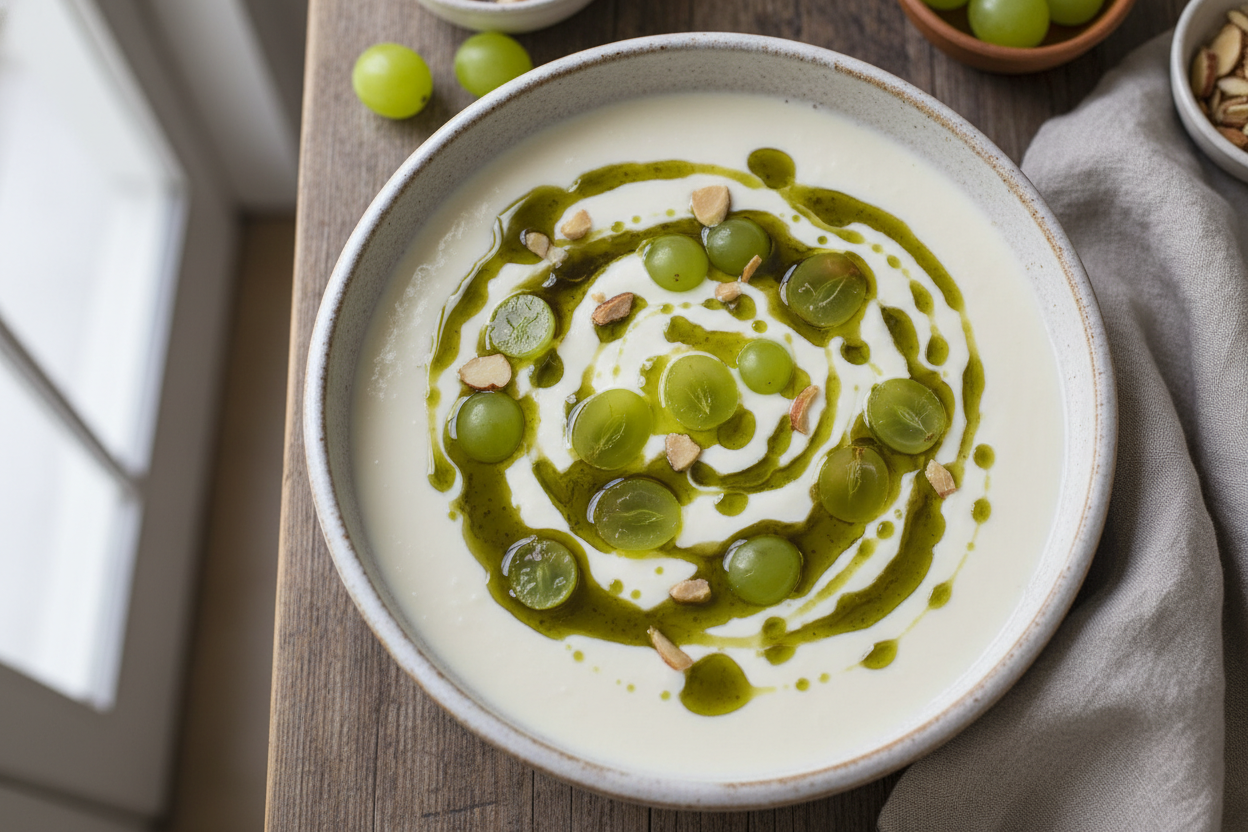ajo blanco with a dark green olive oil drizzled over the top, with grapes and almonds sprinkled as well. served in a white bowl