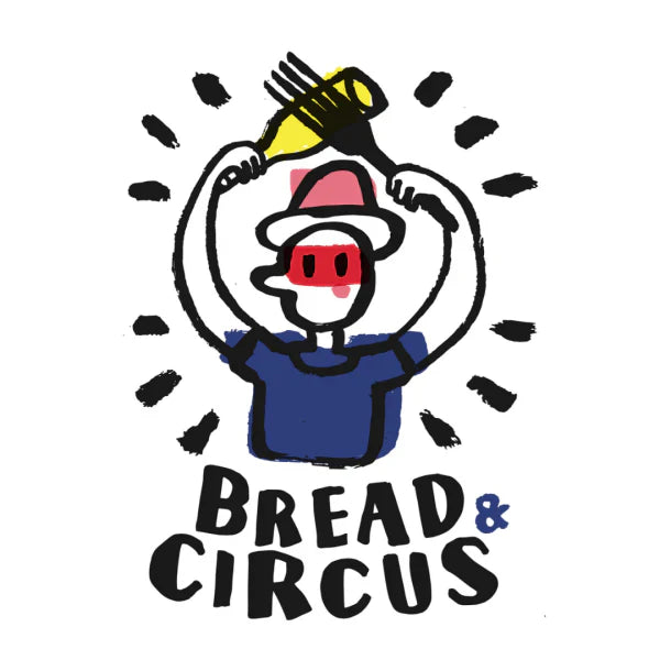 logo of a clown holding a fork and a botlte of wine in the other hand - a protest against the stupifying of our food system