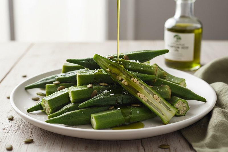 pumpkin seed oil being drizzled onto okra