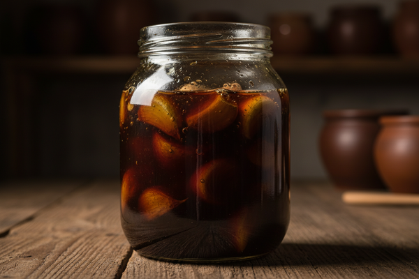 a jar of garlic fermenting in honey, dark after years of fermenting