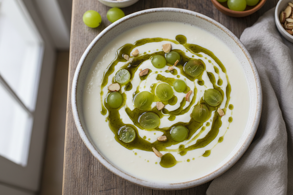 ajo blanco with deep green olive oil and grapes on top